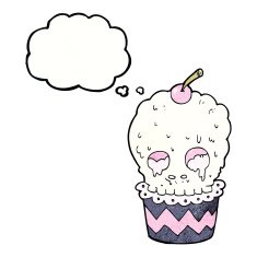 spooky skull cupcake cartoon with thought bubble N10