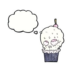 cartoon spooky skull cupcake with thought bubble N10