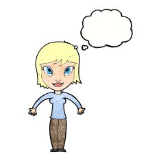 cartoon woman shrugging shoulders with thought bubble N529
