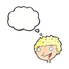 cartoon laughing boy with thought bubble N10