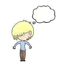 cartoon woman shrugging with thought bubble N62