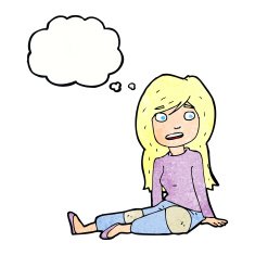 cartoon girl sitting on floor with thought bubble N10