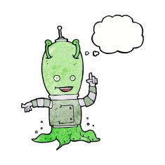 cartoon alien spaceman with thought bubble N22
