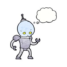 cartoon alien robot with thought bubble N17
