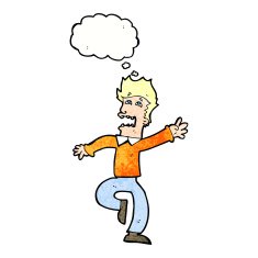 cartoon man panicking with thought bubble N57
