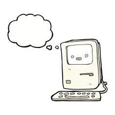 cartoon old computer with thought bubble N26
