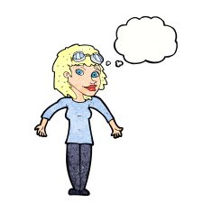cartoon woman wearing goggles with thought bubble N11