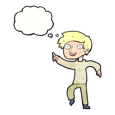 cartoon happy boy pointing with thought bubble N21