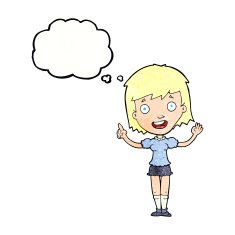 cartoon woman pointing with thought bubble N232