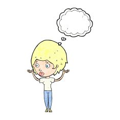 cartoon woman raising hands in air with thought bubble N20