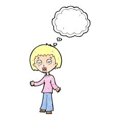 cartoon tired woman with thought bubble N33