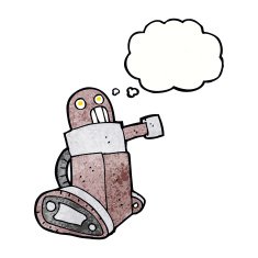 cartoon tank robot with thought bubble N9