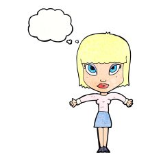 cartoon woman shrugging with thought bubble N63