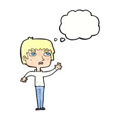cartoon unhappy boy waving with thought bubble N7