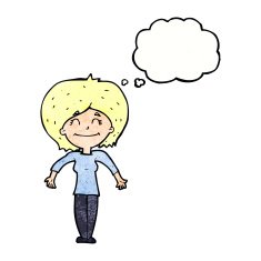 cartoon woman shrugging shoulders with thought bubble N531