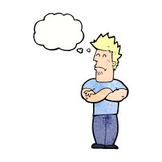 cartoon sulking man with thought bubble N10