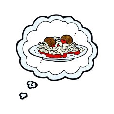 cartoon spaghetti and meatballs with thought bubble N2