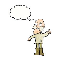 cartoon angry old man in patched clothing with thought bubble N10