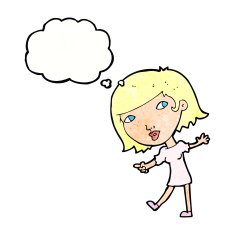 cartoon happy girl gesturing to follow with thought bubble N11