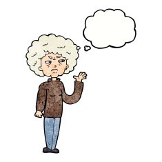 cartoon annoyed old woman waving with thought bubble N10