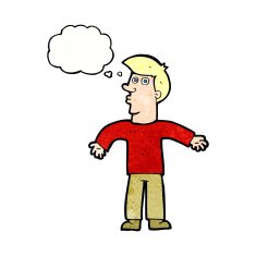 cartoon man shrugging shoulders with thought bubble N38