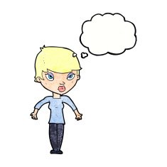 cartoon woman shrugging shoulders with thought bubble N533