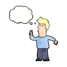 cartoon man giving peace sign with thought bubble N56