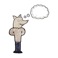 cartoon wolf man with thought bubble N54