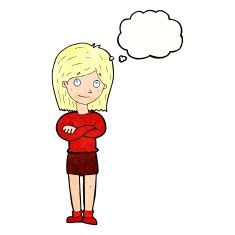 cartoon friendly girl rolling eyes with thought bubble N11