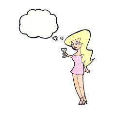 cartoon woman at party with thought bubble N20