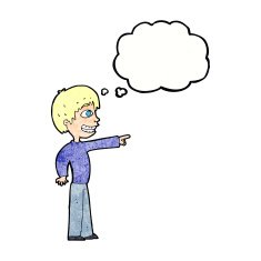 cartoon grinning boy pointing with thought bubble N10