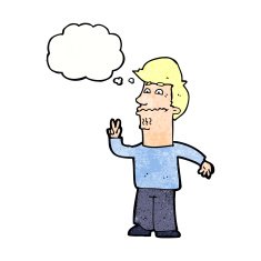 cartoon man giving peace sign with thought bubble N57