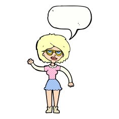 cartoon waving woman wearing spectacles with speech bubble N12