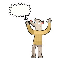 cartoon happy werewolf man with speech bubble N8