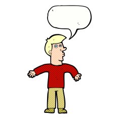 cartoon man shrugging shoulders with speech bubble N46