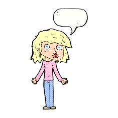 cartoon girl shrugging shoulders with speech bubble N36