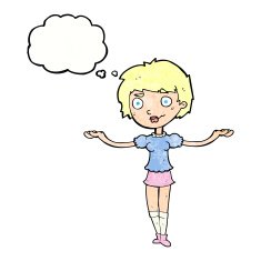 cartoon woman spreading arms with thought bubble N11