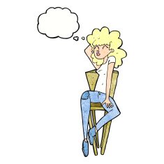 cartoon woman posing on chair with thought bubble N20