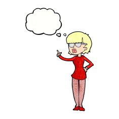 cartoon woman wearing spectacles with thought bubble N44