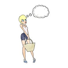 cartoon attractive woman shopping with thought bubble N11
