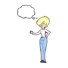 cartoon woman waving with thought bubble N368