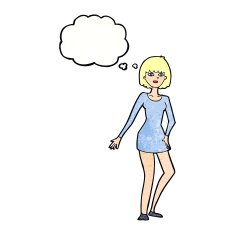 cartoon woman in dress with thought bubble N43