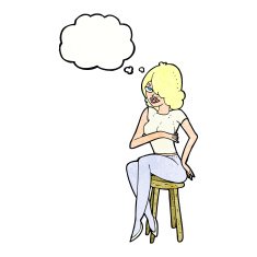 cartoon woman sitting on bar stool with thought bubble N22