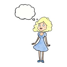 cartoon happy woman in dress with thought bubble N29