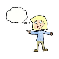 cartoon happy woman pointing with thought bubble N75