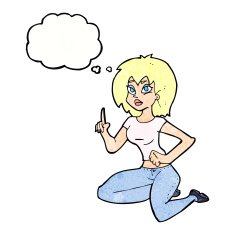 cartoon sitting woman with idea thought bubble N11