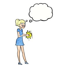 cartoon woman clapping hands with thought bubble N10