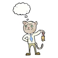 cartoon business cat with dead mouse thought bubble N11