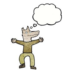 cartoon wolf man with thought bubble N59