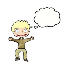 cartoon grinning boy with thought bubble N11